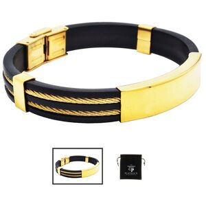 Men’s Black Silicone Gold Stainless Steel Wire Bangle ID Bracelet BLACKJACK